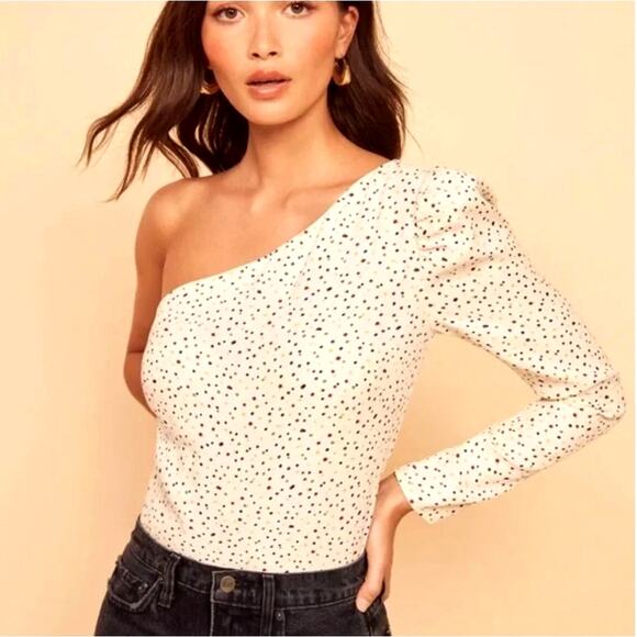Reformation L Francine One Sleeve Polka Dot Top Puff Shoulder Blouse Cream White - Picture 7 of 9